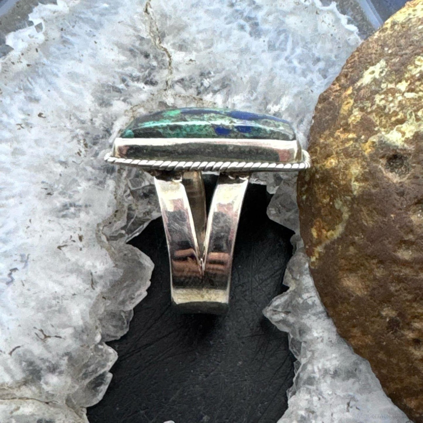 Sterling Silver Southwestern Malachite Azurite Decorated Bar Ring Size 9 For Women