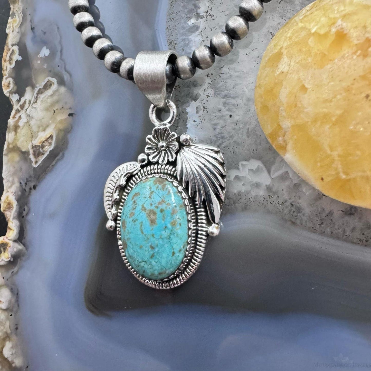 Sterling Silver Southwestern Style Oval Turquoise Leaves Decorated Pendant For Women