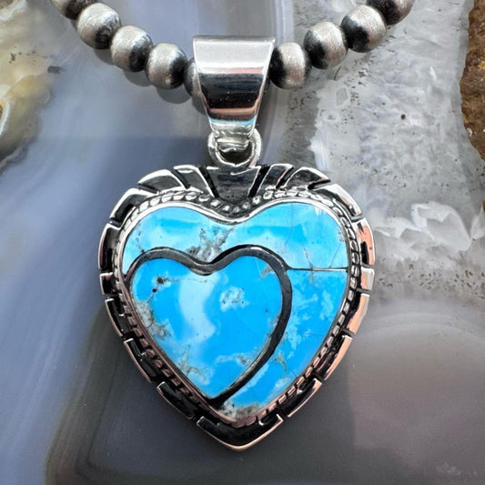 Native American Sterling Silver Blue Ridge Turquoise Decorated Double Heart Pendant  For Women #1