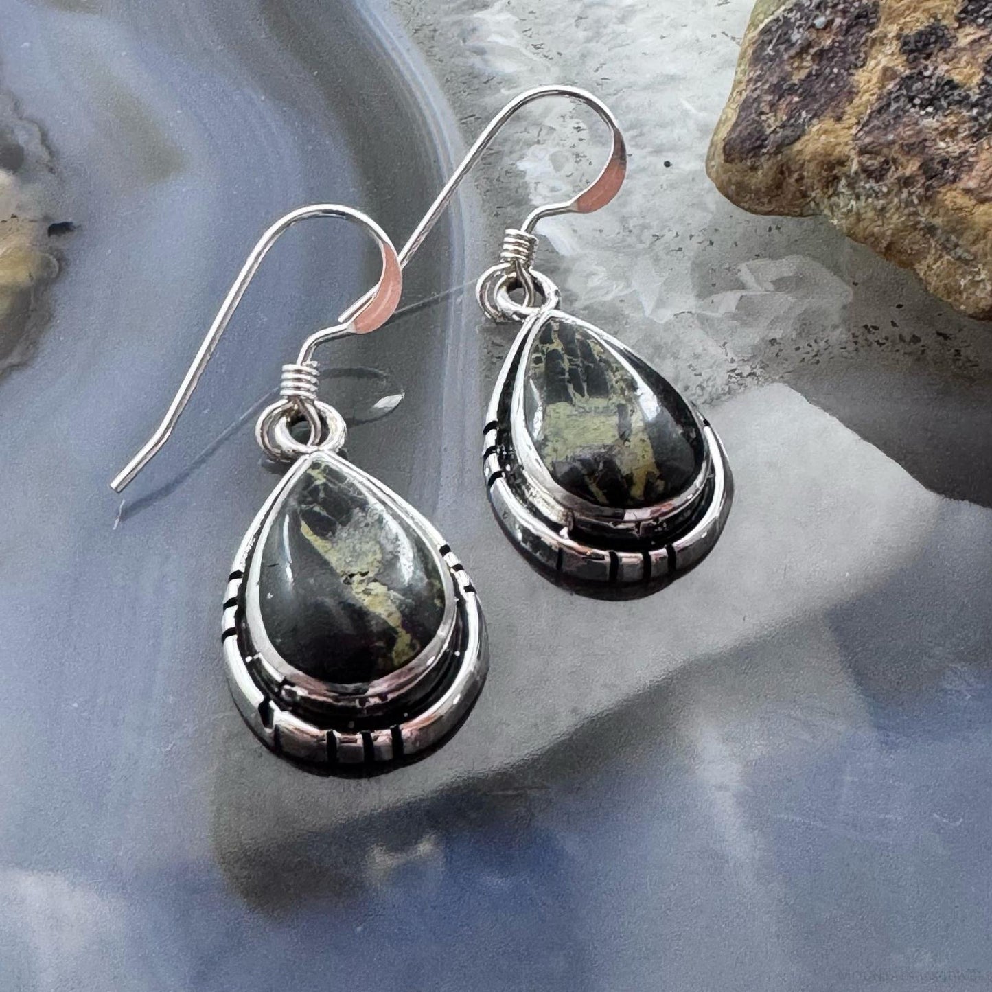 Native American Sterling Silver Teardrop Blackjack Dangle Earrings For Women