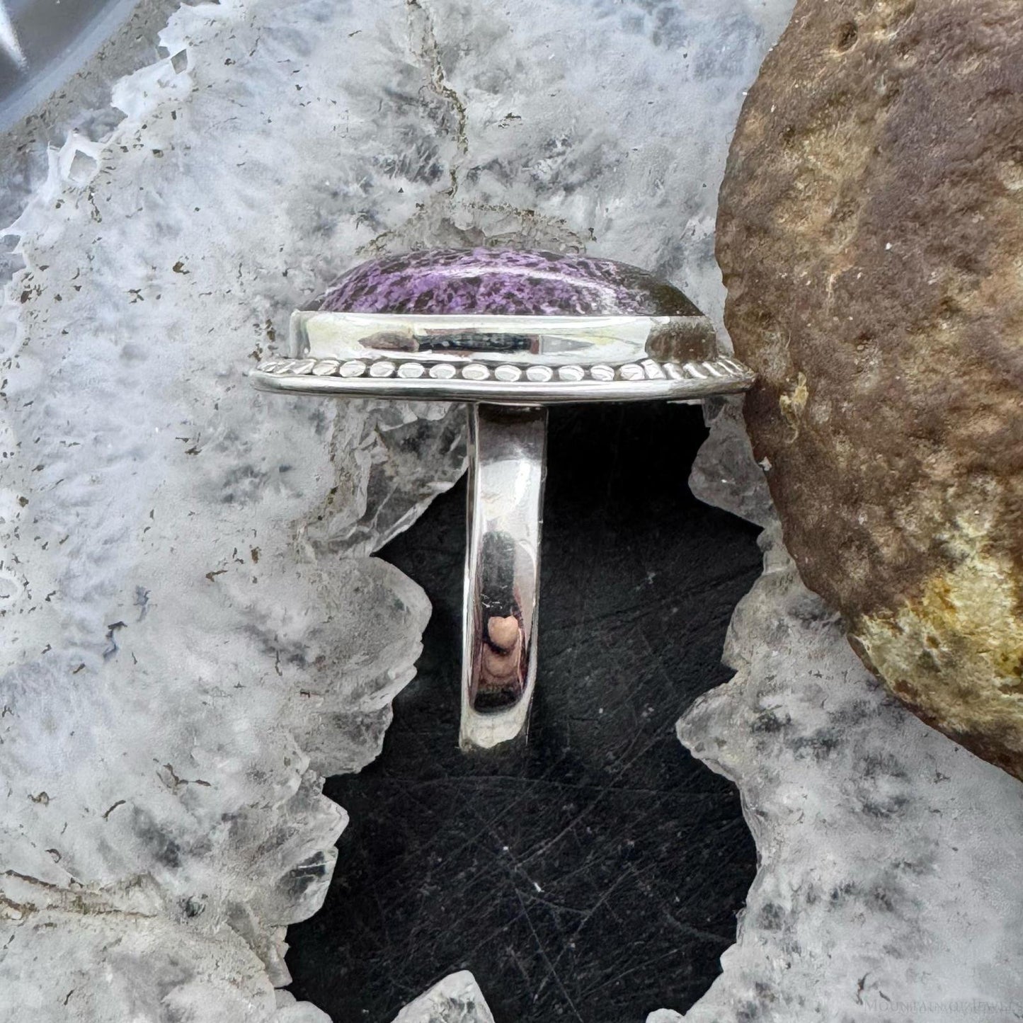 Sterling Silver Southwestern Style Oval Purpurite Decorated Ring Size 8 For Women