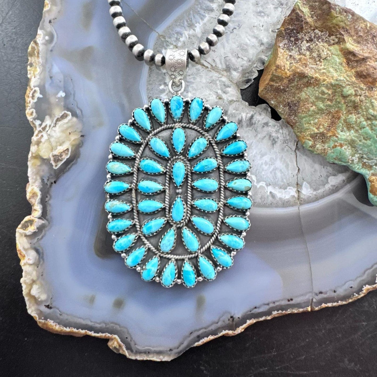 Sterling Silver Southwestern Style Kingman Turquoise Large Cluster Pendant For Women