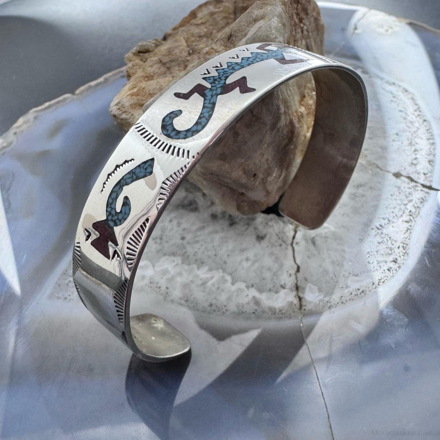 Ray Begay Native American Sterling Silver Chip Inlay Gila Monster Bracelet For Women