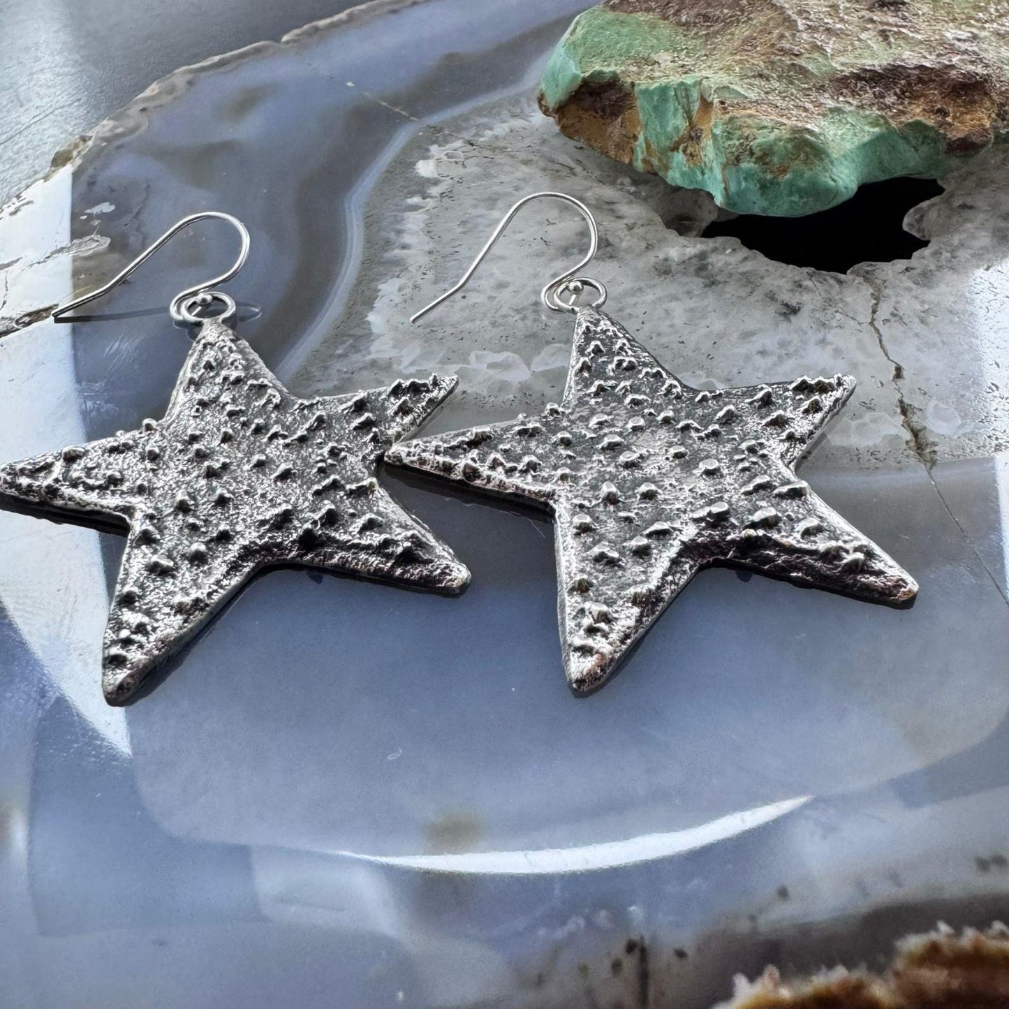 Cheyenne Custer Sterling Silver Tufa Cast Stars Dangle Earrings For Women