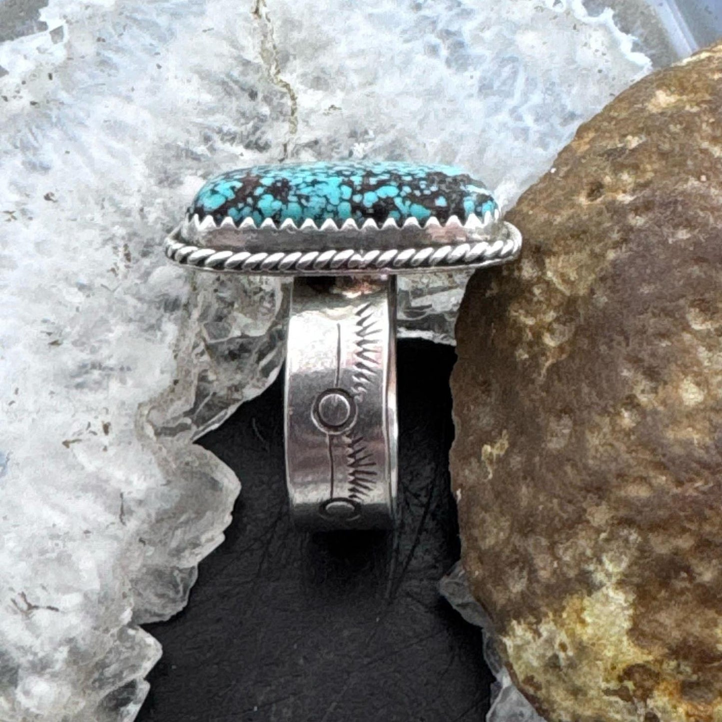 Vintage Sonny Spruce Sterling Silver Blue Lander Turquoise Ring Size 7.75 For Women