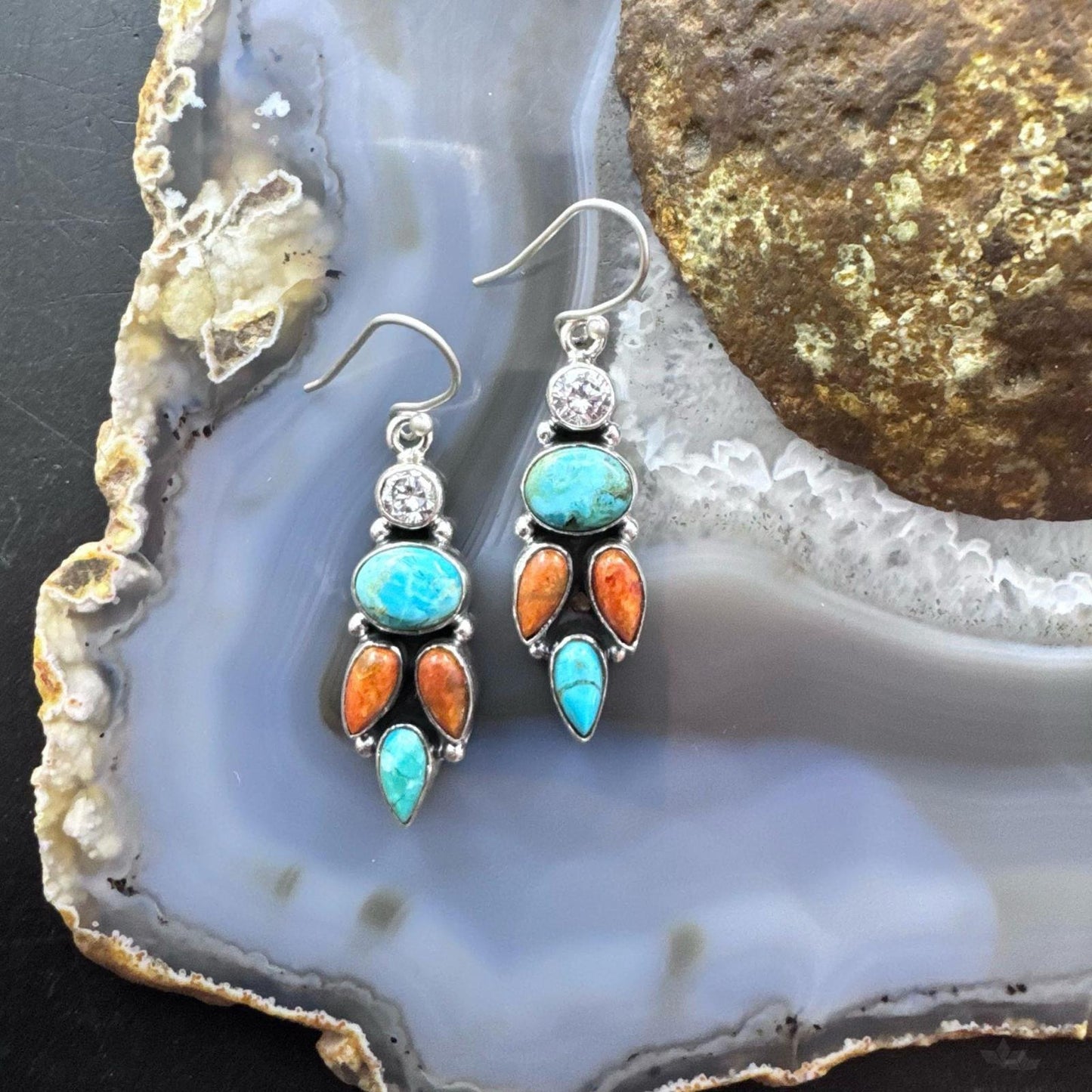 Sterling Silver Southwestern Style Multistone Cluster Dangle Earrings For Women #13