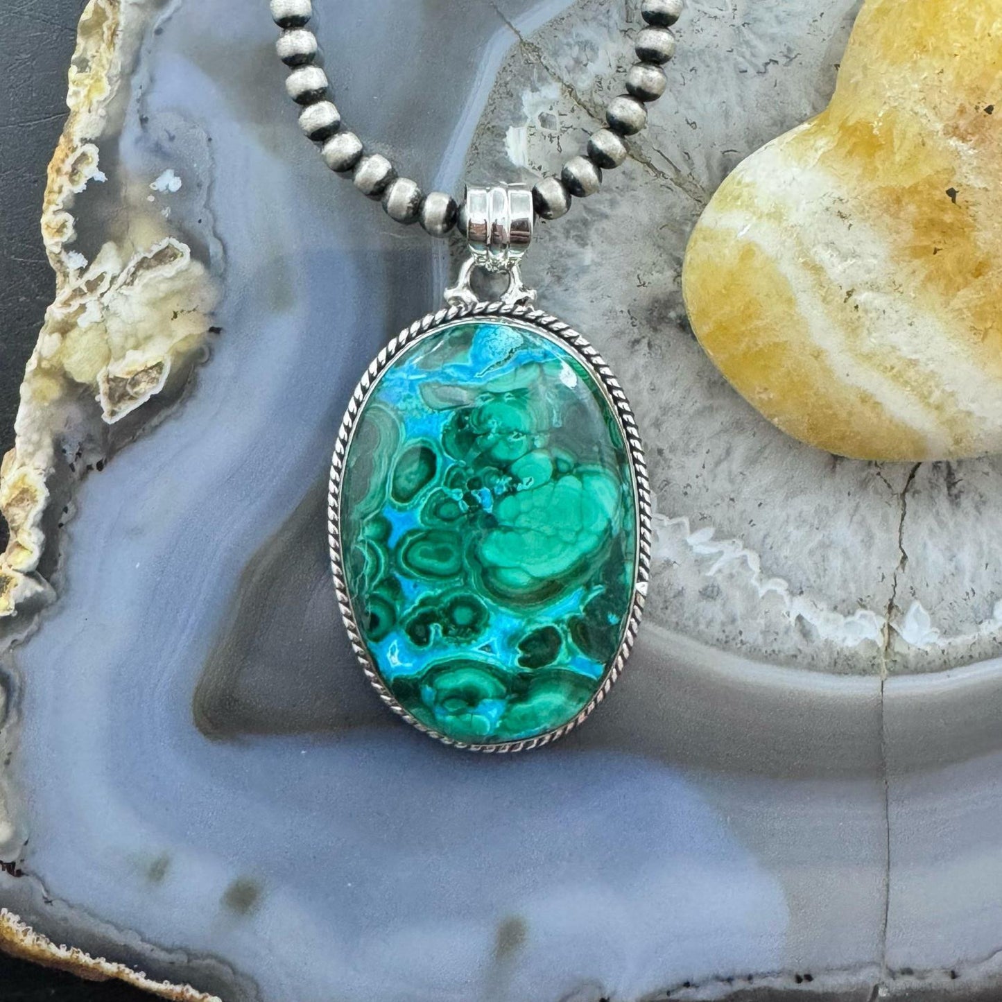 Sterling Silver Southwestern Style Oval Azurite Malachite Unisex Pendant