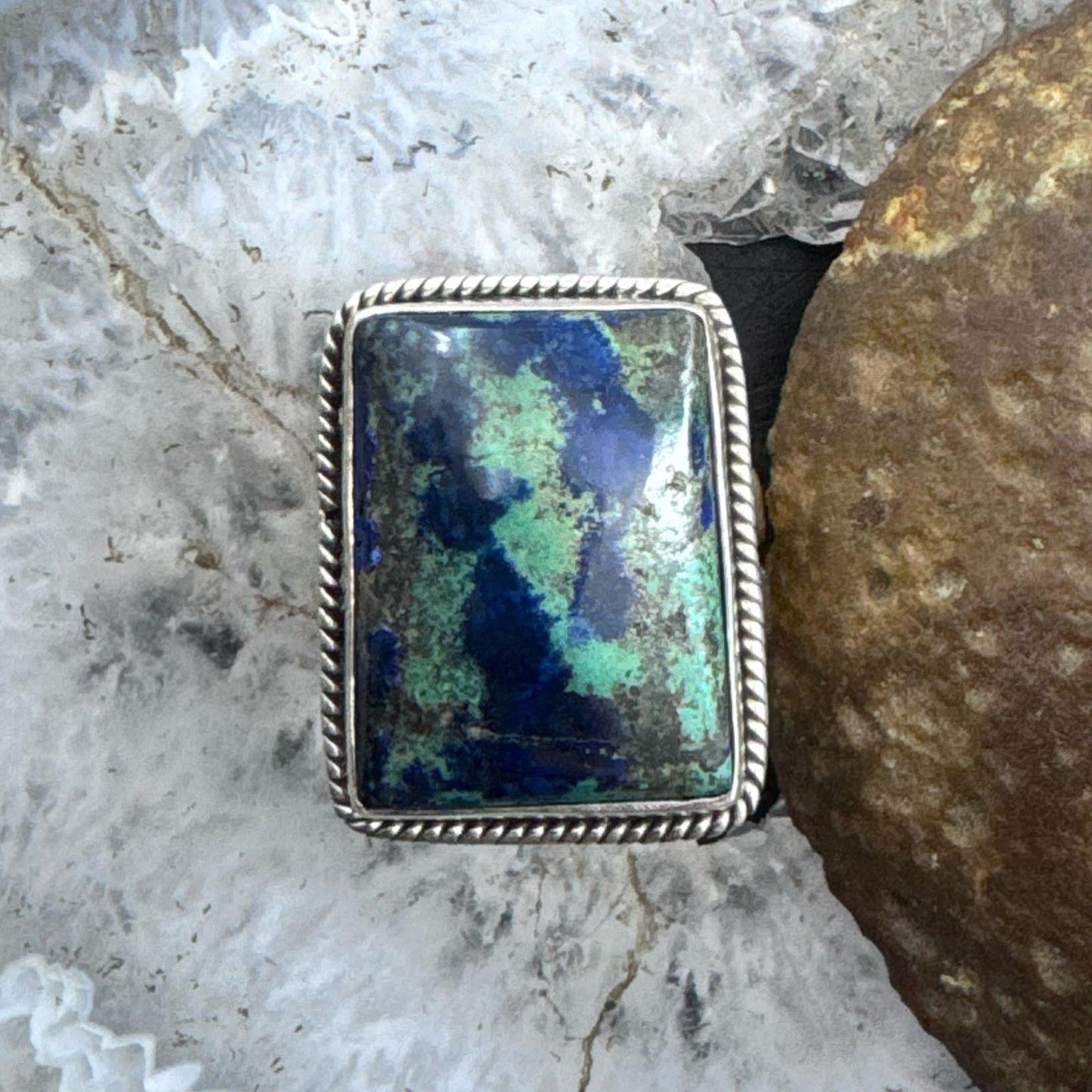 Sterling Silver Southwestern Malachite Azurite Decorated Bar Ring Size 9 For Women