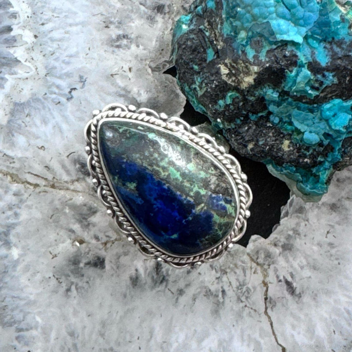 Sterling Silver Southwestern Style Teardrop Malachite Azurite Ring Size 9 For Women