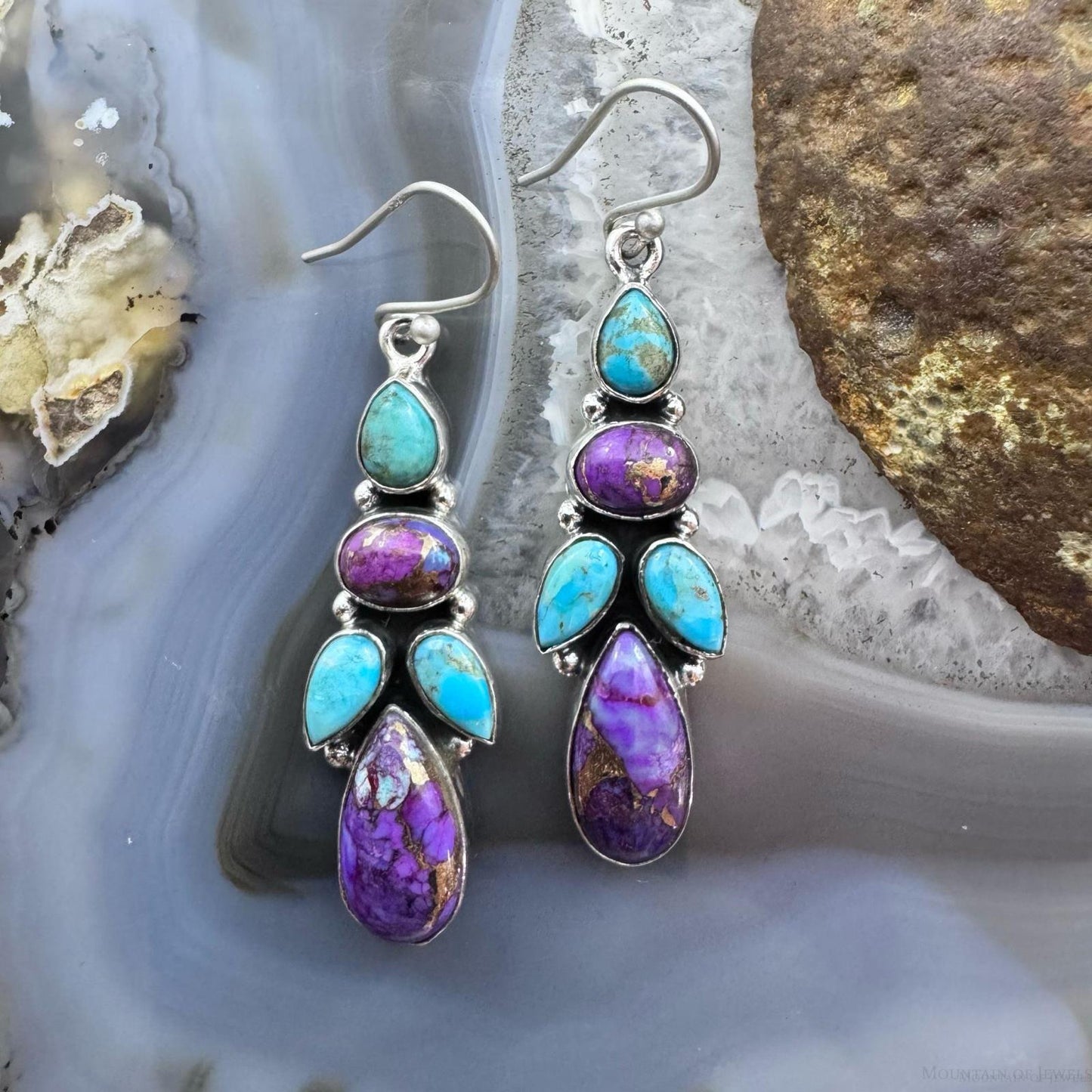 Sterling Silver Southwestern Style Turquoise & Purple Dahlia Dangle Earrings For Women