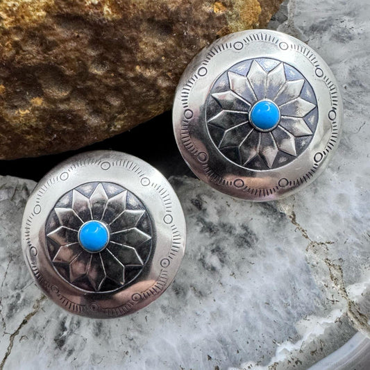 Native American Sterling Stamped Rounded Concho w/Turquoise Post Earrings