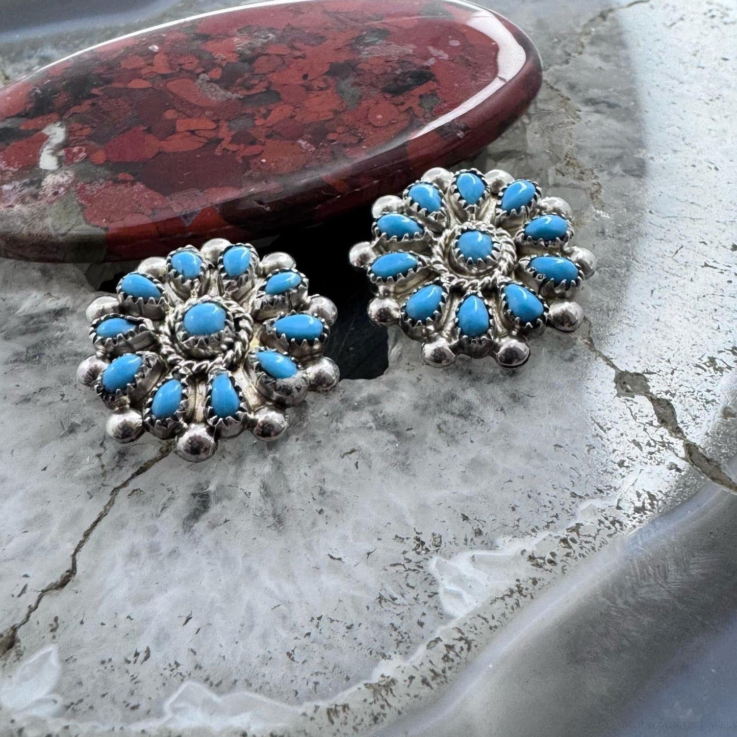 Native American Sterling Silver Turquoise Cluster Stud Earrings For Women