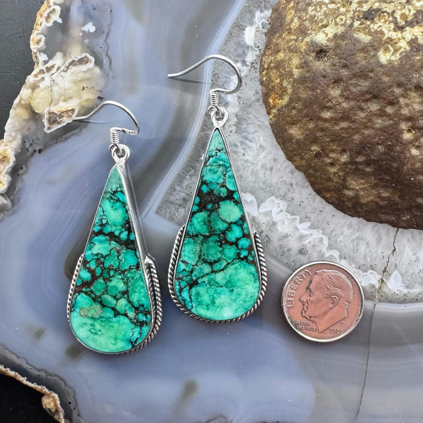 Sterling Silver Southwestern Style Teardrop Turquoise Dangle Earrings For Women