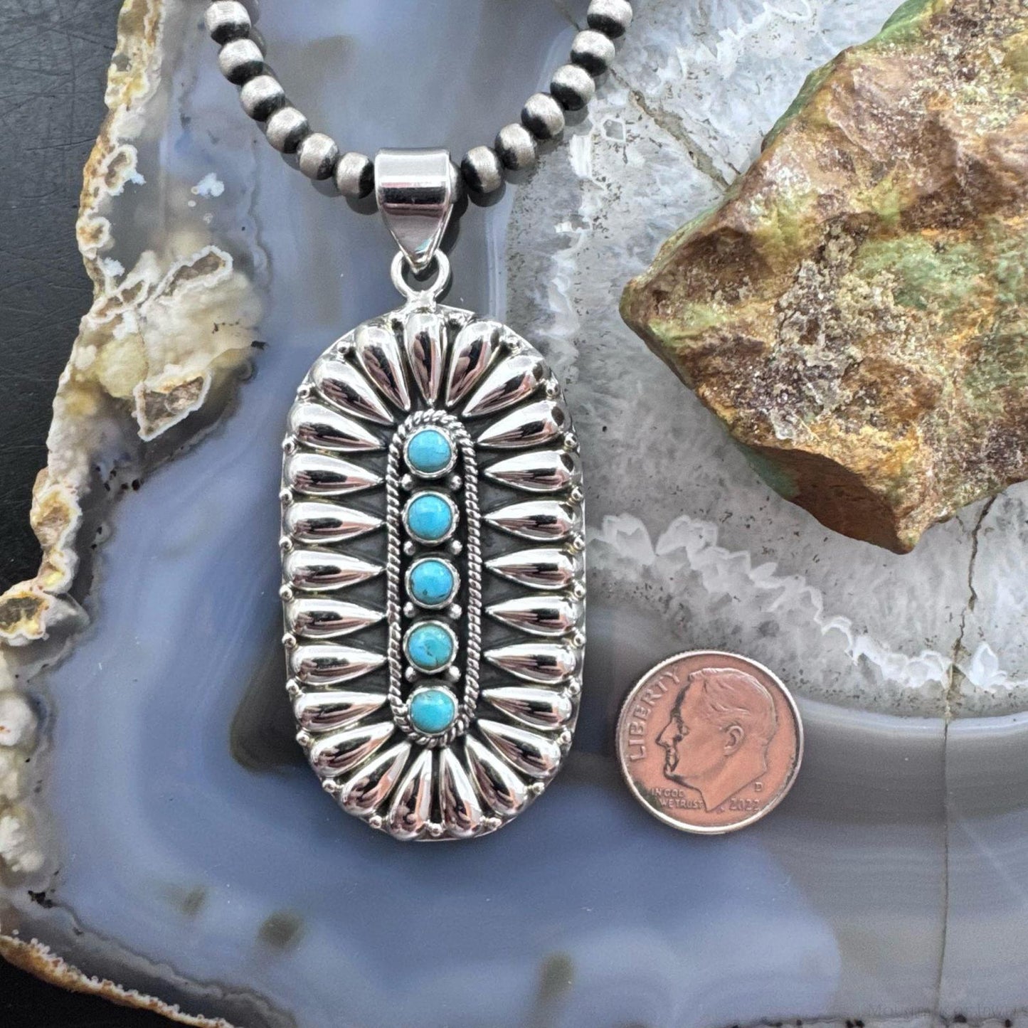 Sterling Silver Southwestern Style Turquoise & Silver Teardrop Cluster Pendant For Women