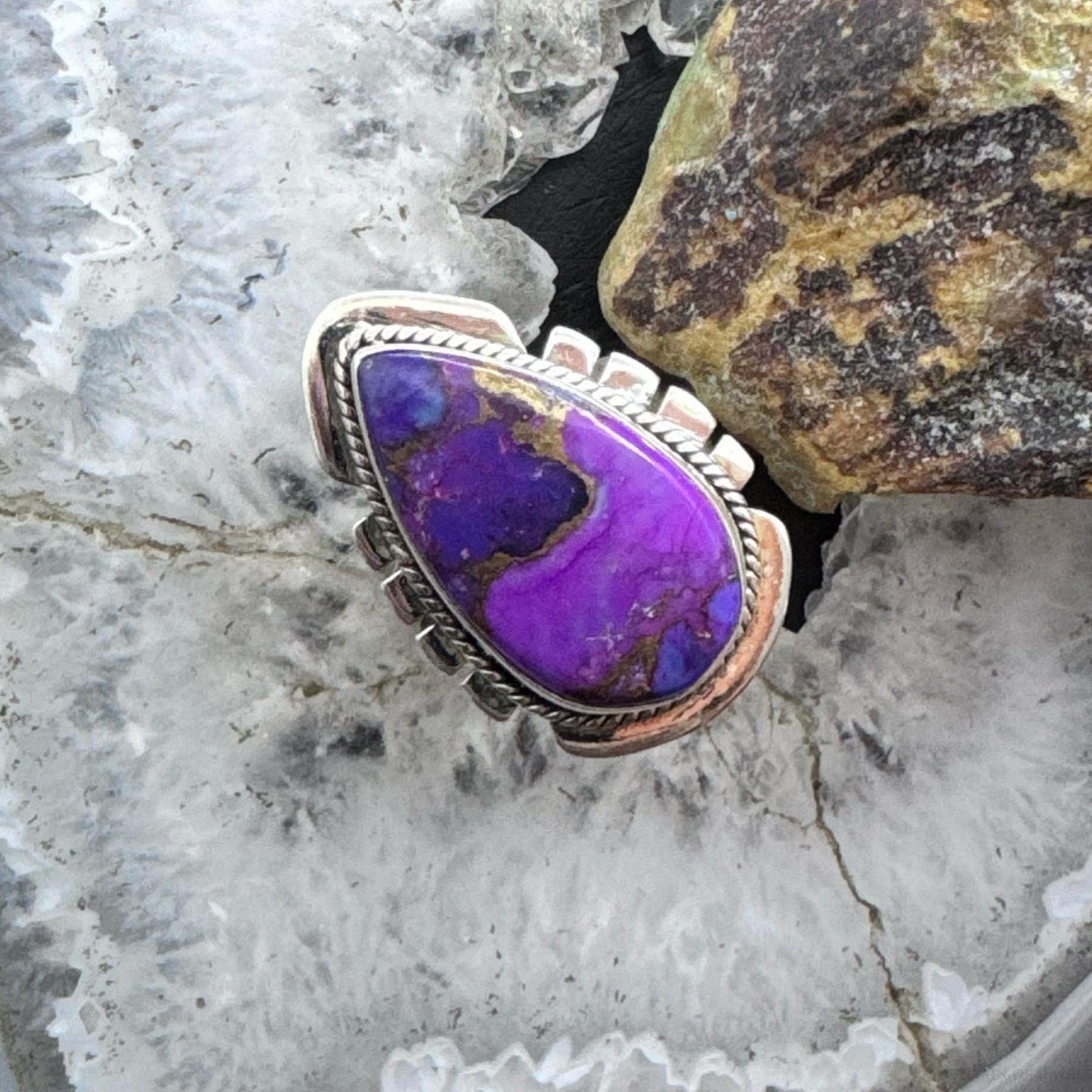 Sterling Silver Southwestern Style Teardrop Purple Copper Turquoise Ring Size 7.75 For Women