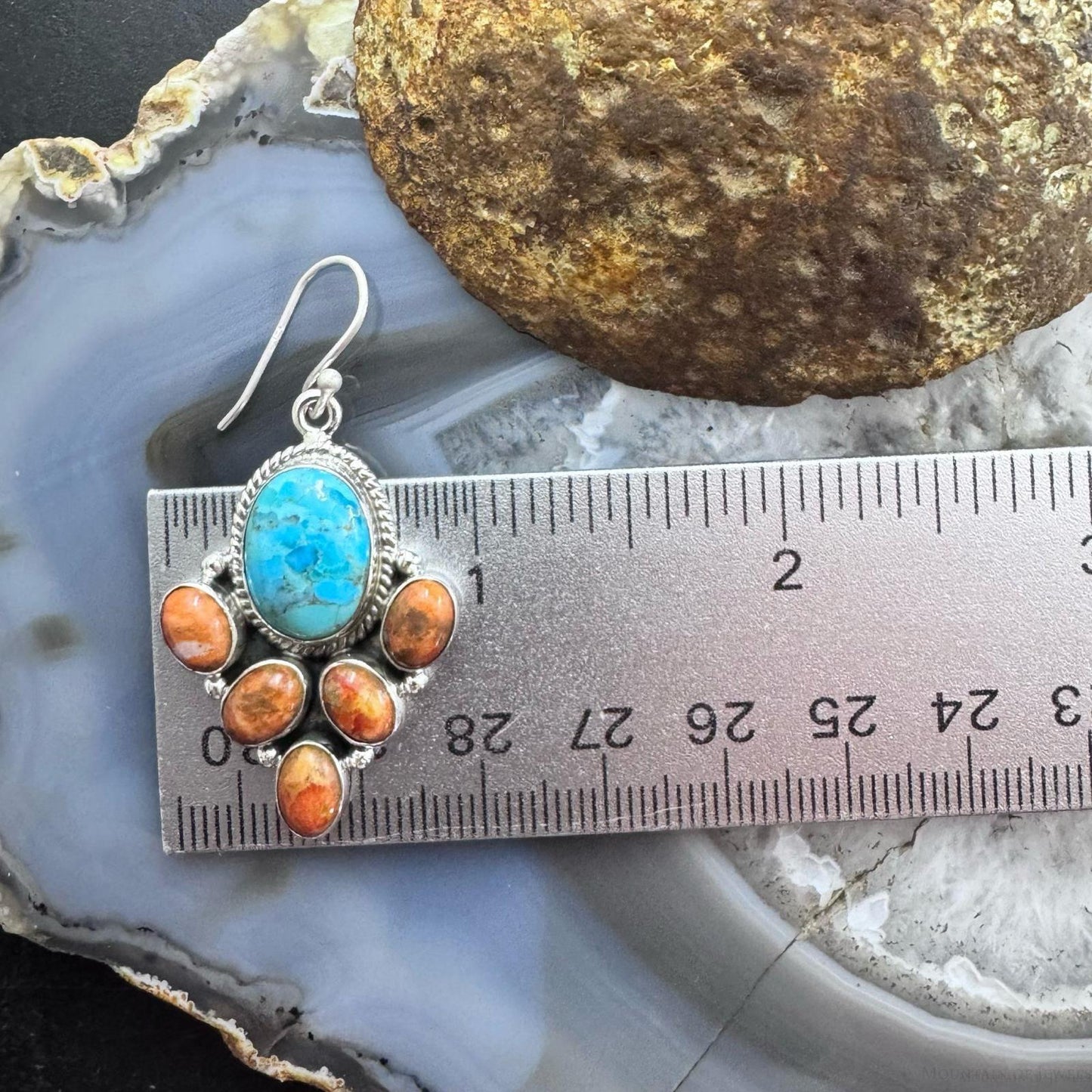 Sterling Silver Southwestern Style Turquoise & Orange Copper Turquoise Dangle Earrings For Women