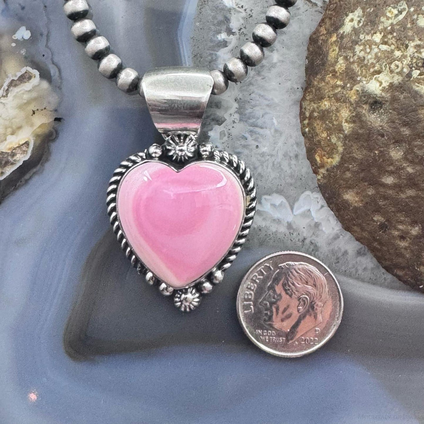 Robert Shakey Native American Sterling Silver Pink Conch Decorated Heart Pendant For Women