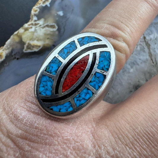 Vintage Native American Sterling Silver Turquoise & Coral Chip Inlay Shield Ring Size 10 For Mem