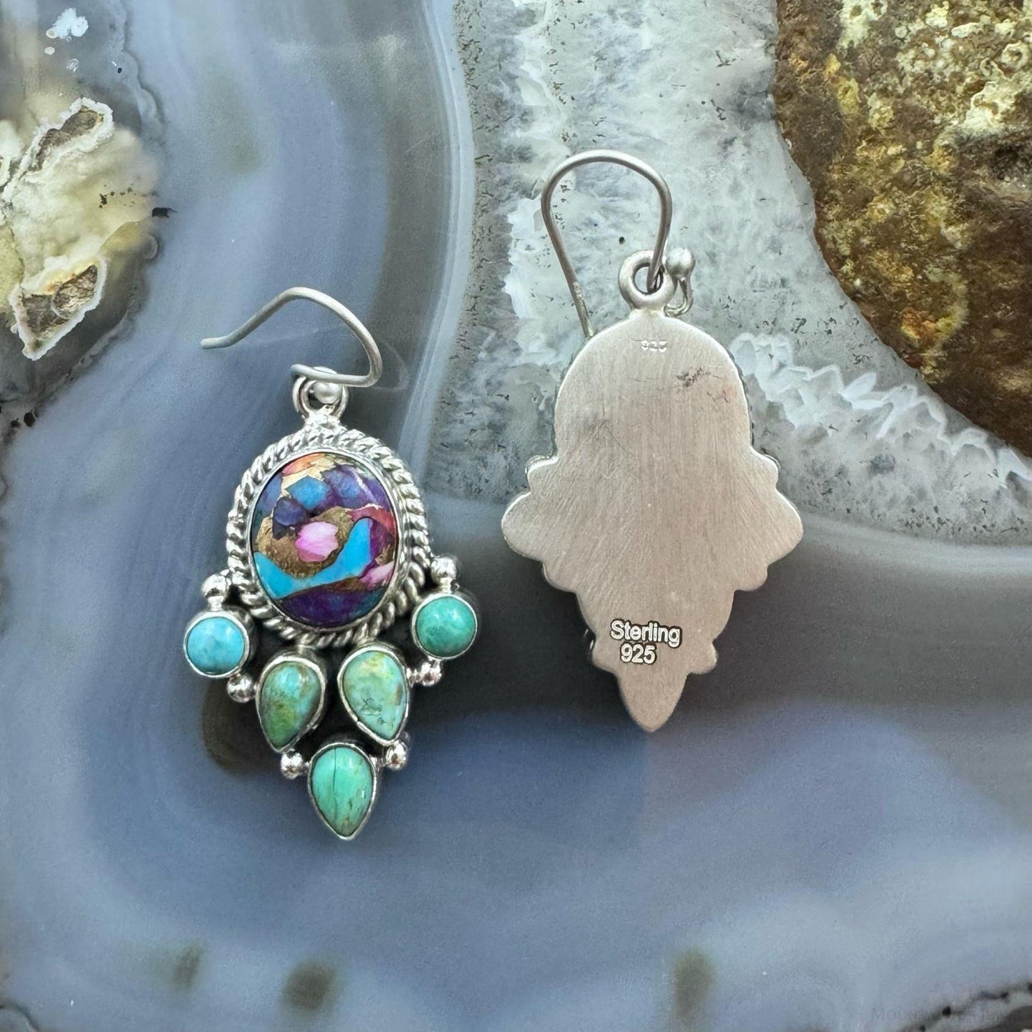 Sterling Silver Southwestern Style Turquoise & Pink Dahlia Dangle Earrings For Women