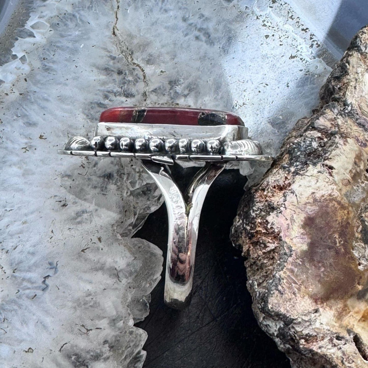 Sterling Silver Southwestern Style Triangle Red Moss Agate Ring Size 10 For Women