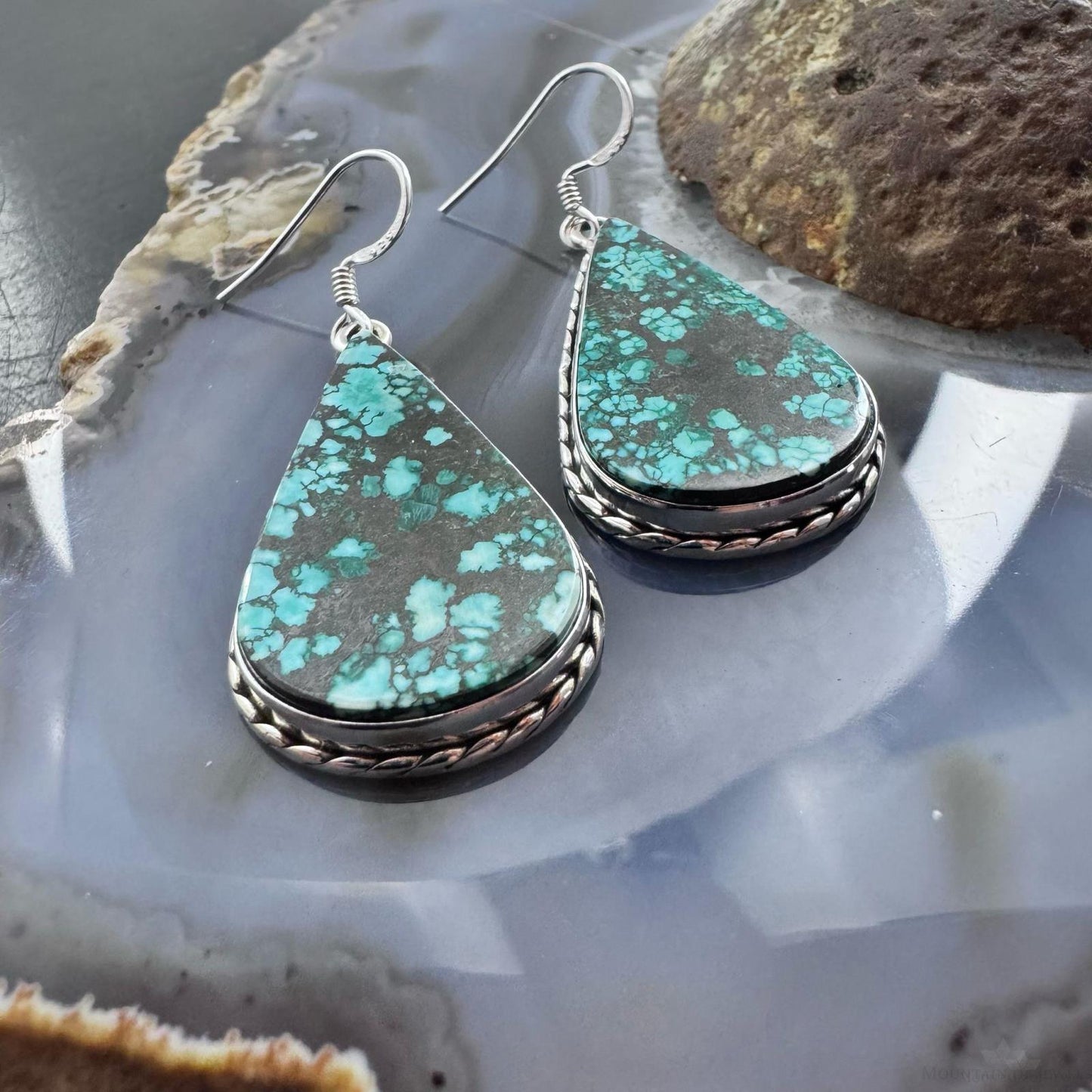 Sterling Silver Southwestern Style Teardrop Turquoise Dangle Earrings For Women