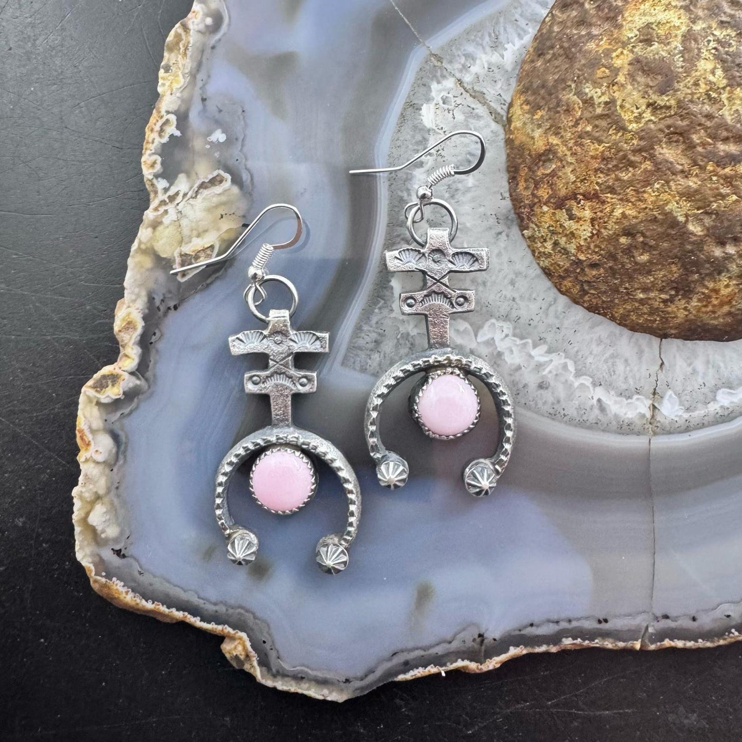 Eva & Linberg Billah Sterling Silver Sandcast Pink Conch Cross Dangle Earrings For Women