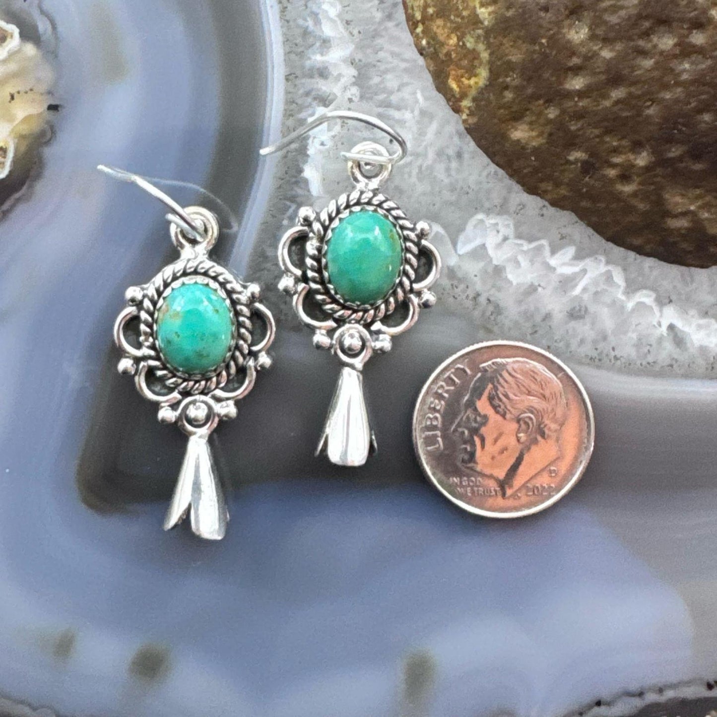 Sterling Silver Southwestern Style Oval Turquoise Squash Blossom Dangle Earrings For Women