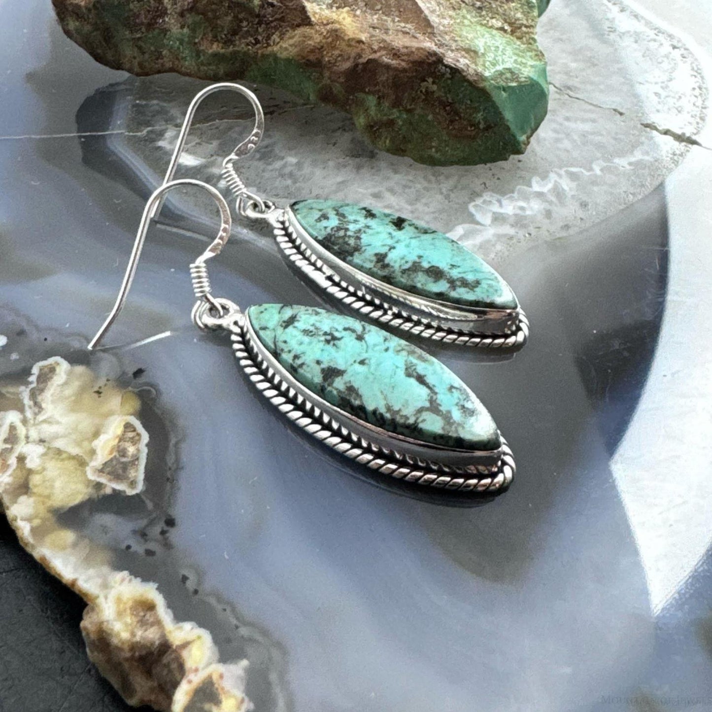 Sterling Silver Southwestern Style Marquise African Turquoise Dangle Earrings For Women