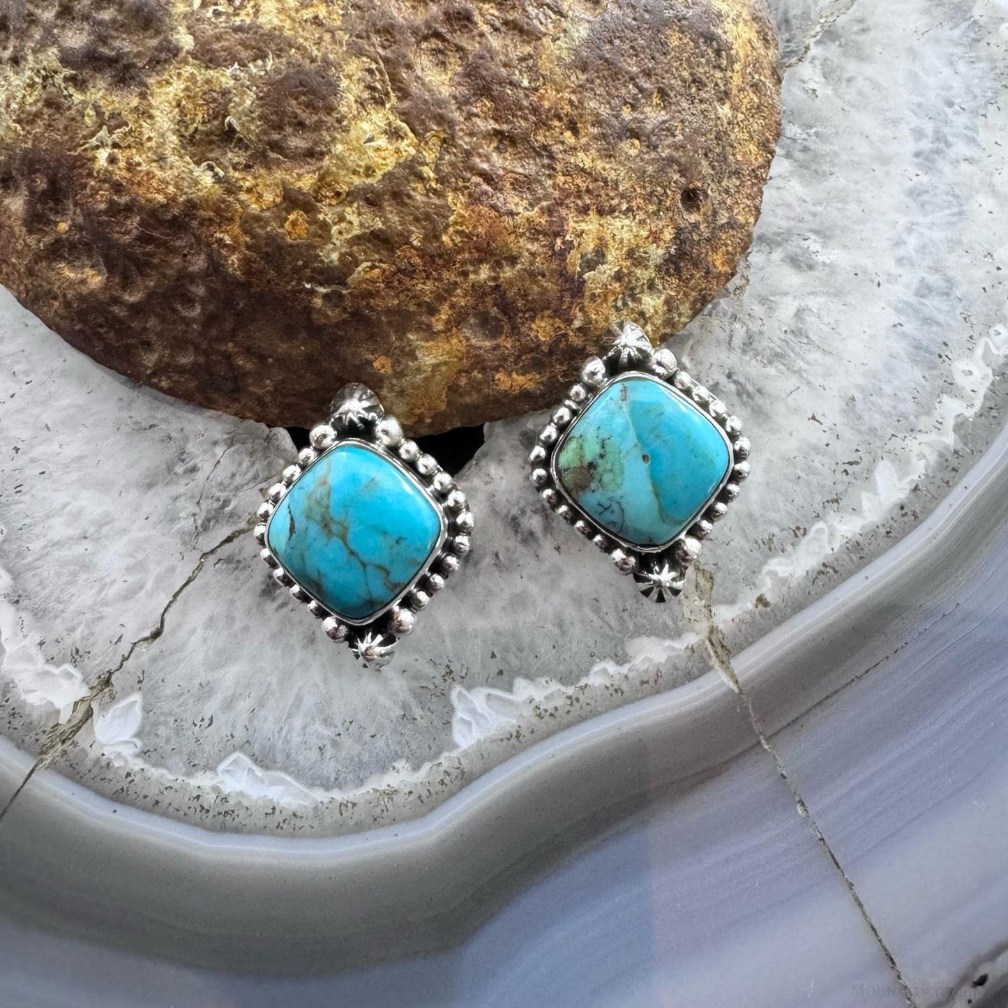 Sterling Silver Southwestern Style Square Turquoise Stud Earrings For Women