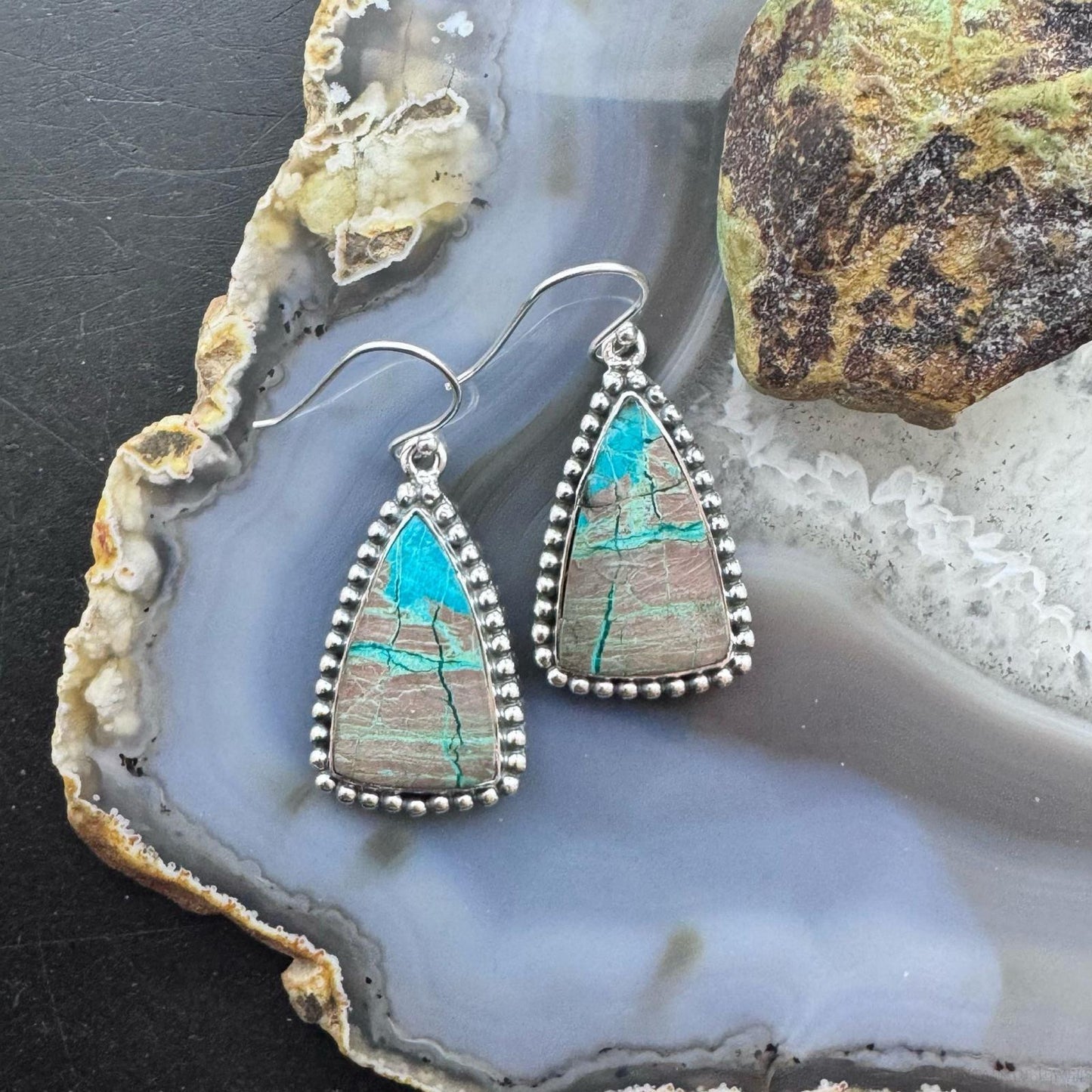 Sterling Silver Southwestern Style Triangle Shattuckite Dangle Earrings For Women #2