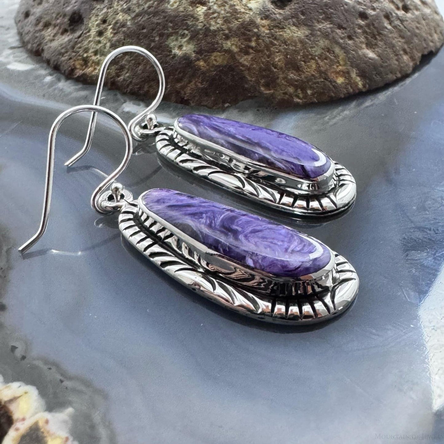 Native American Sterling Silver Charoite Decorated Dangle Earrings For Women