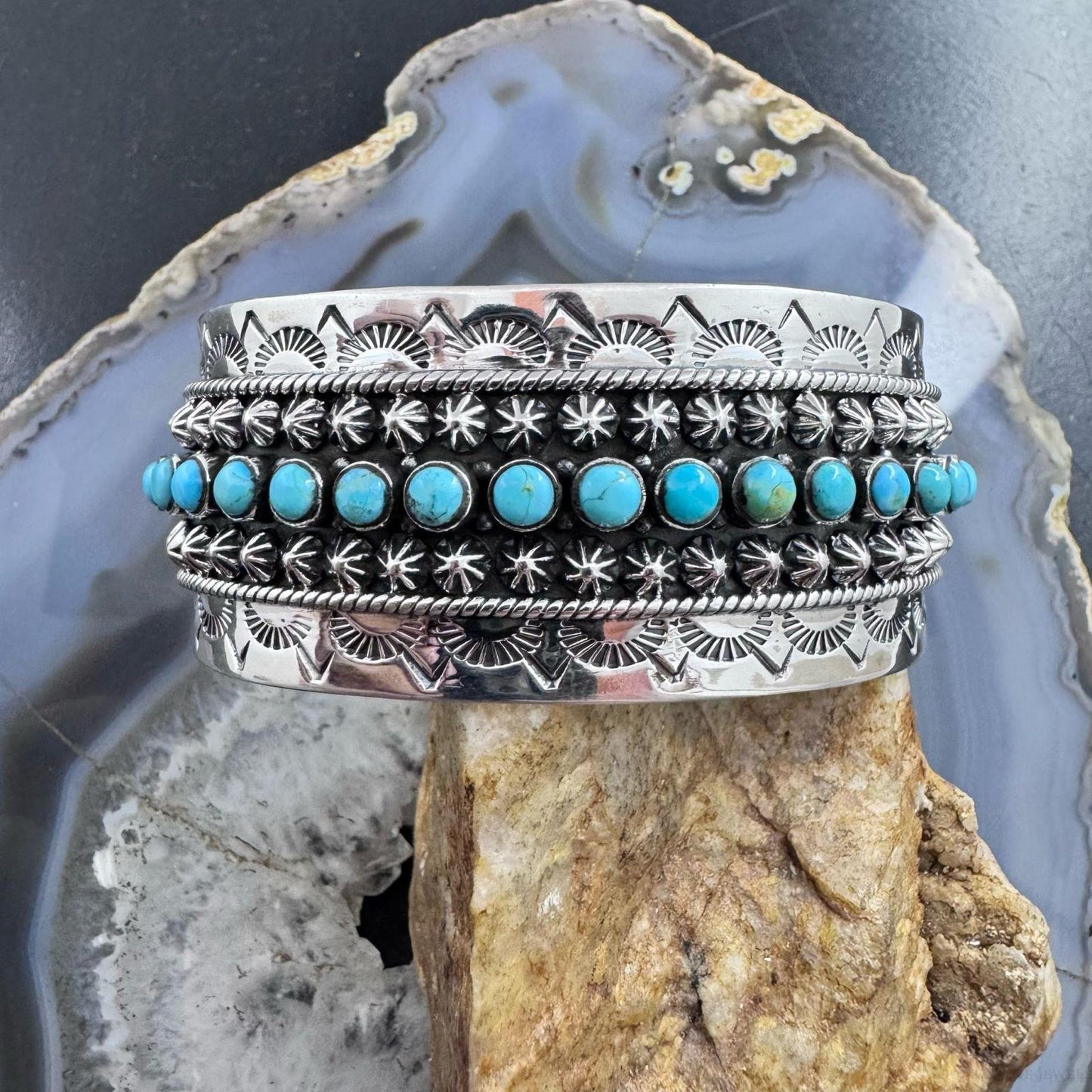 Sterling Silver Southwestern Style Turquoise Single Row Stamped Decorated Bracelet For Women