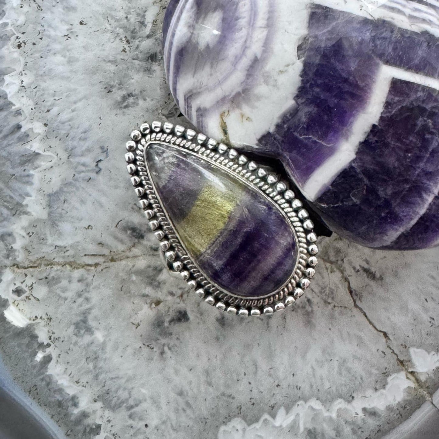 Sterling Silver Southwestern Style Teardrop Fluorite Crystal Ring Size 9.75 For Women