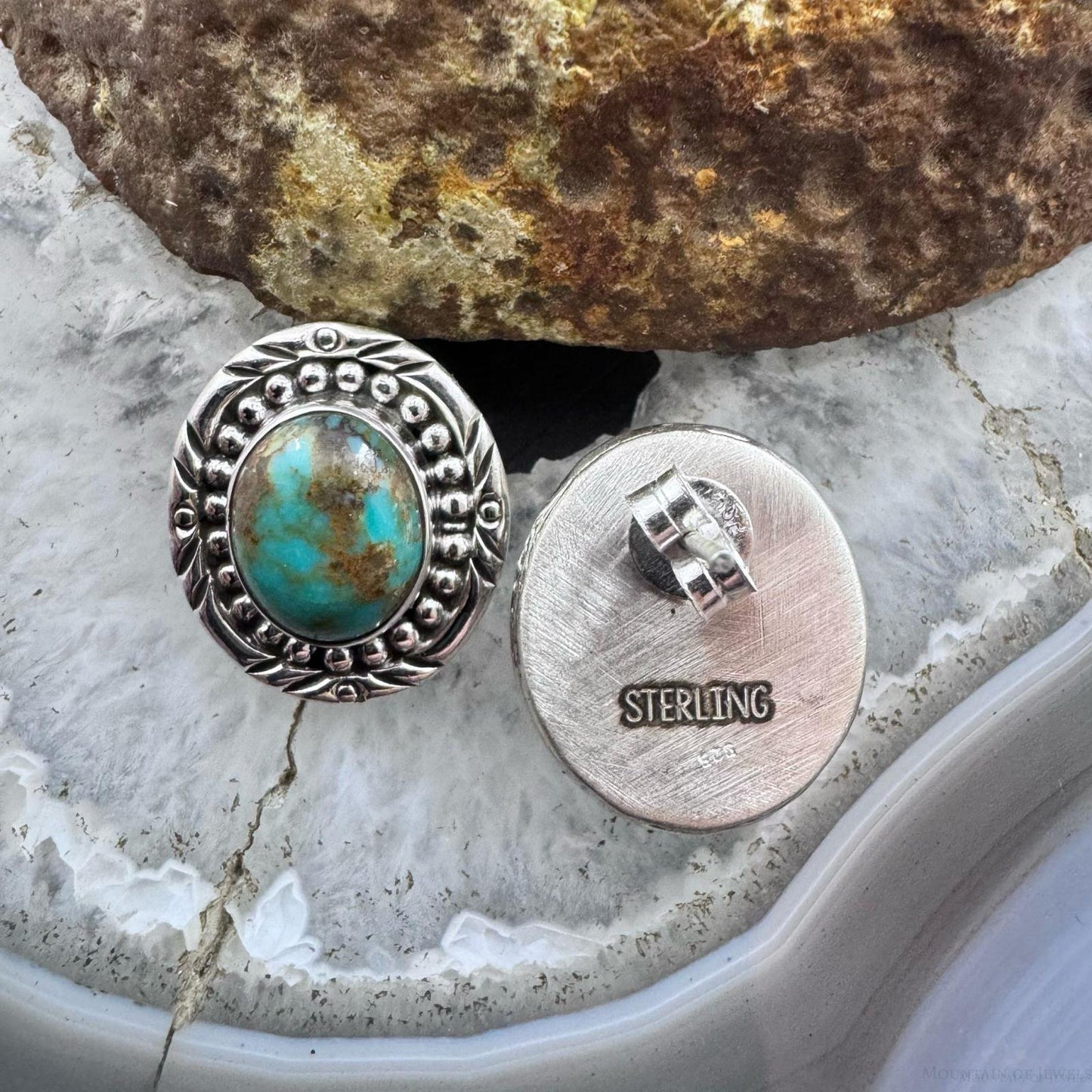 Sterling Silver Southwestern Style Oval Turquoise Decorated Stud Earrings For Women