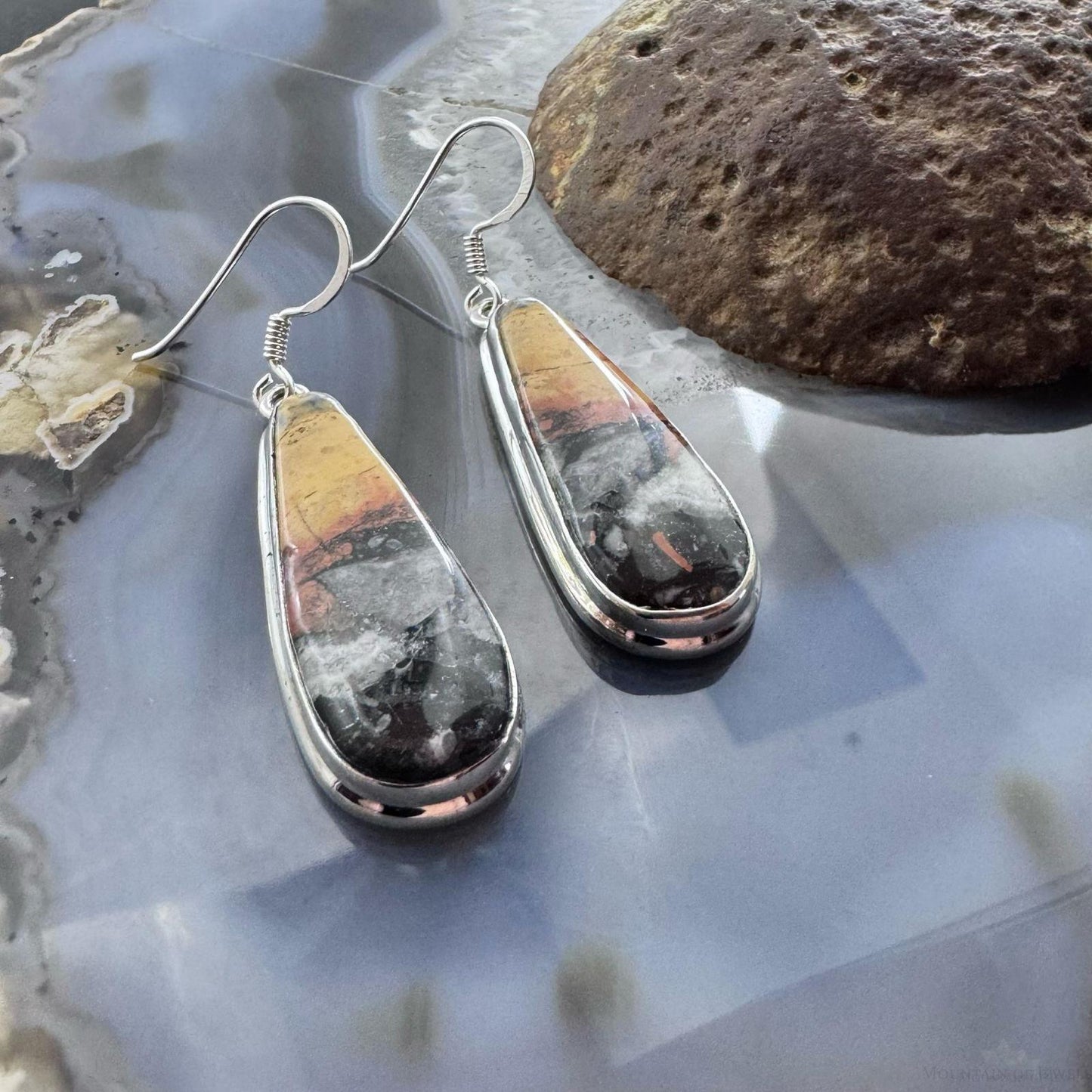 Sterling Silver Southwestern Style Teardrop Maligano Jasper Dangle Earrings For Women