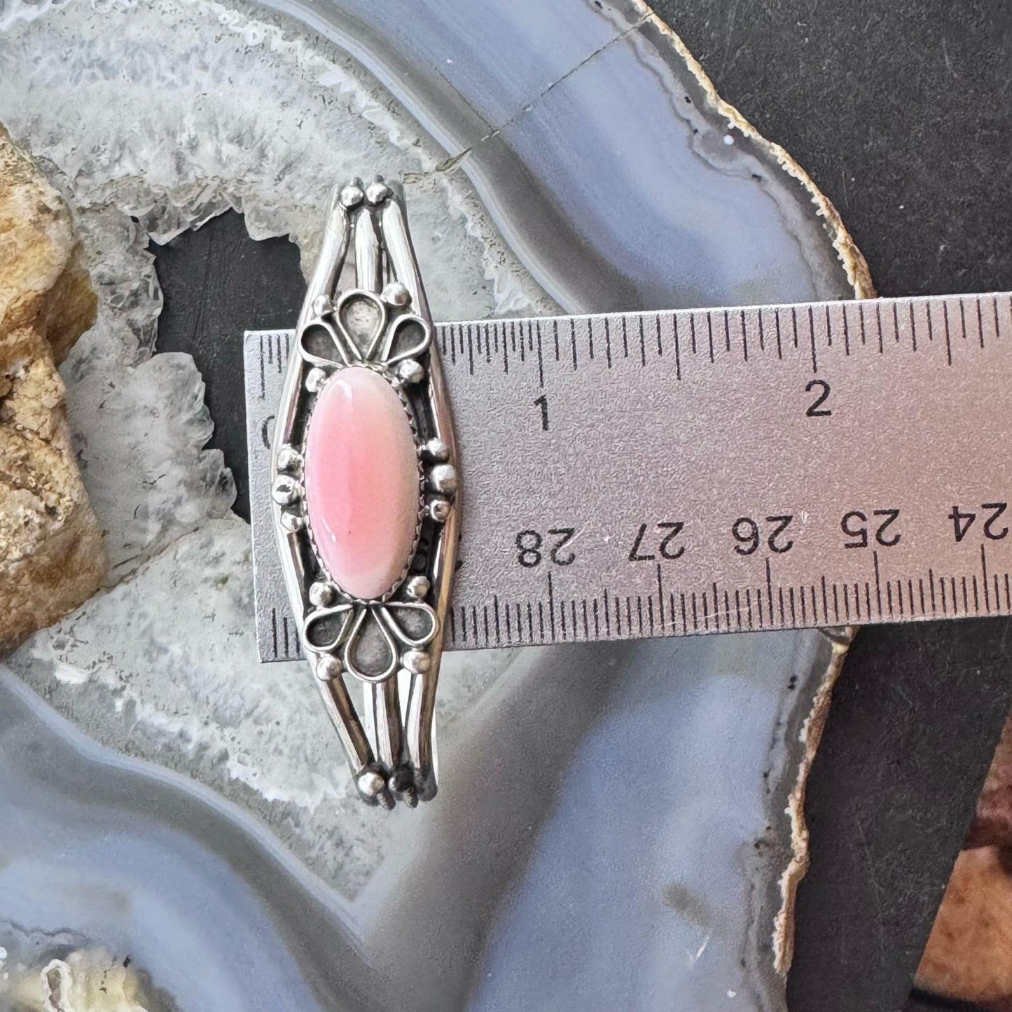 Native American Sterling Silver Oval Pink Conch Decorated Bracelet For Women