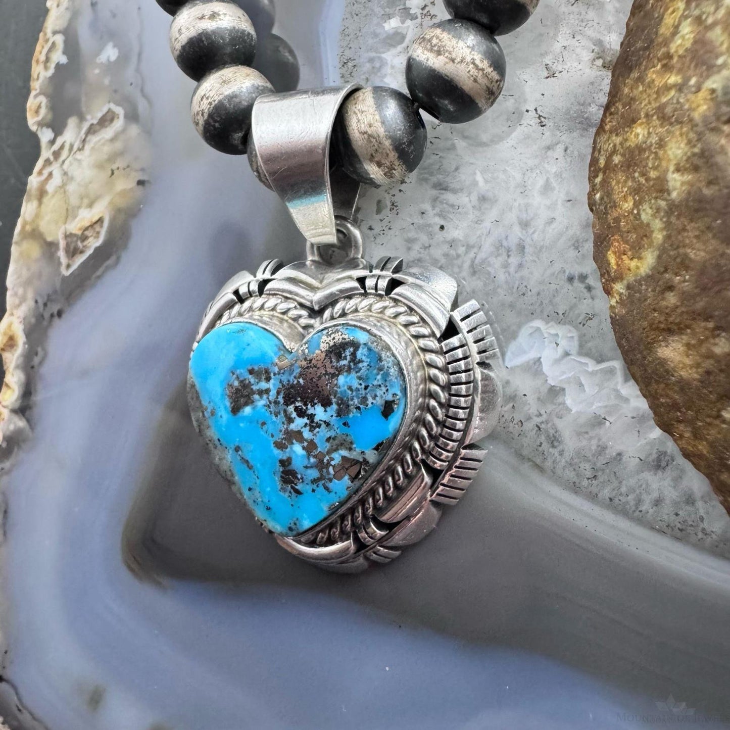 Larry Moses Yazzie Vintage Sterling Silver Copper Blue Turquoise Heart Pendant For Women