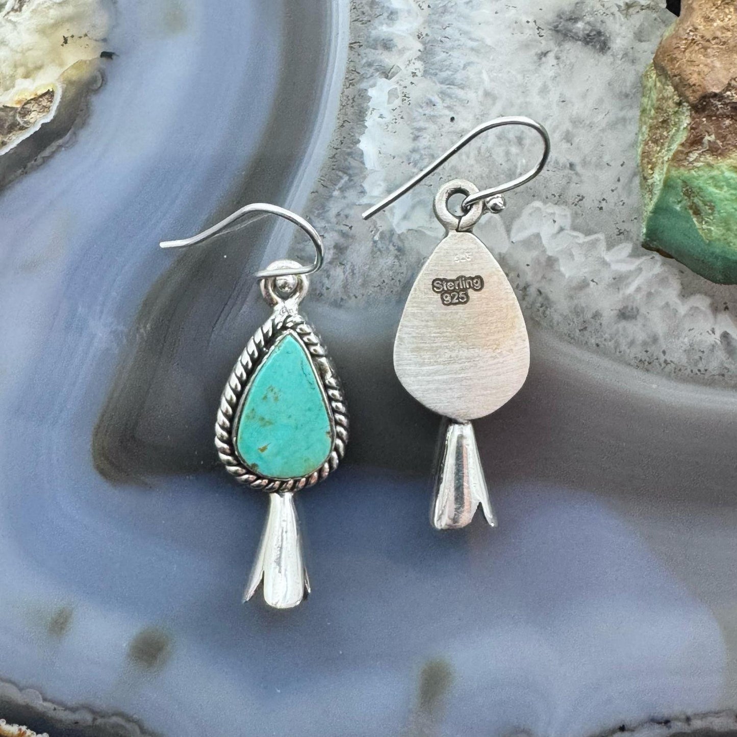 Sterling Silver Southwestern Style Teardrop Turquoise Squash Blossom Dangle Earrings For Women