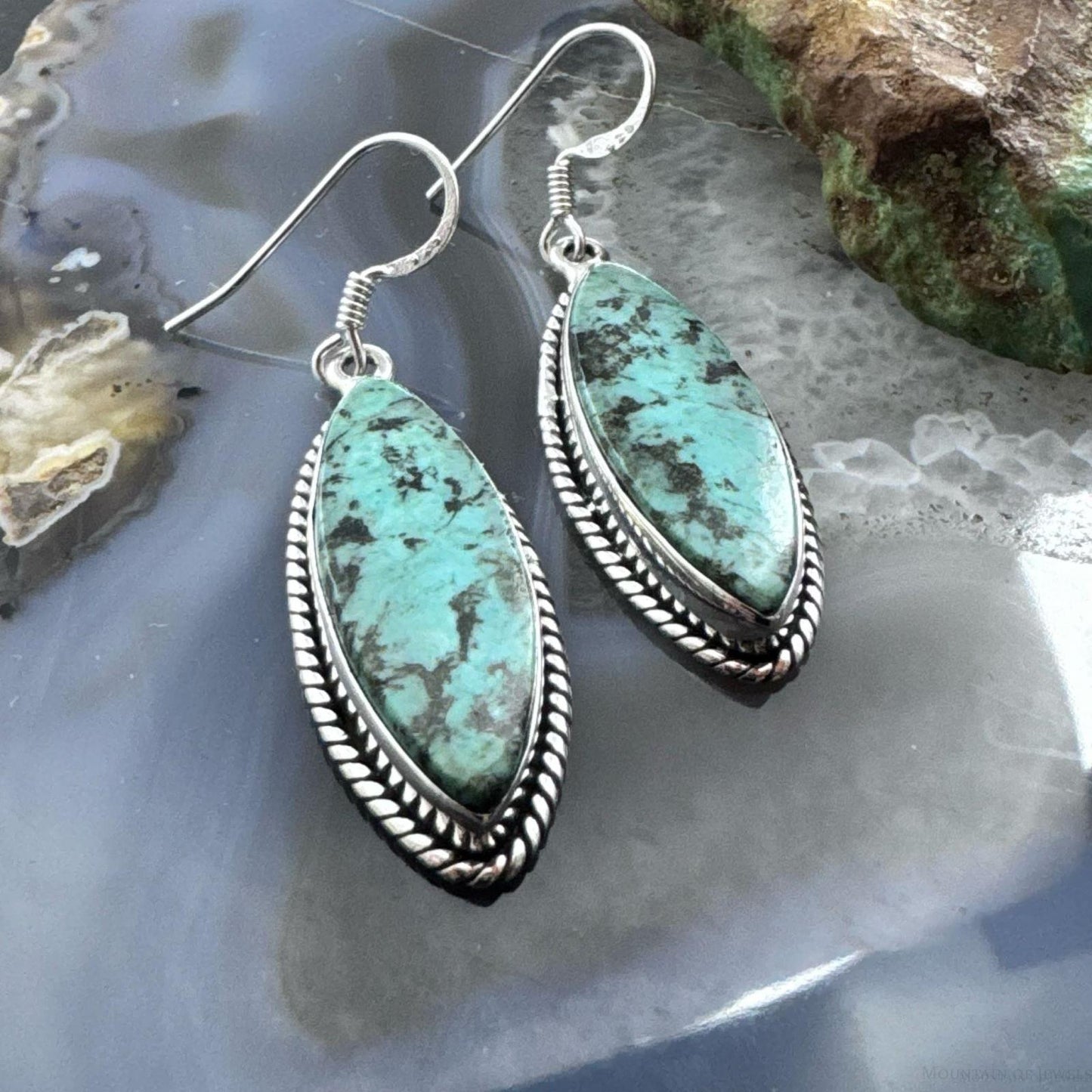 Sterling Silver Southwestern Style Marquise African Turquoise Dangle Earrings For Women