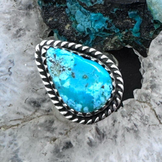 Sterling Silver Southwestern Style Teardrop Turquoise Ring Size 8.5 For Women