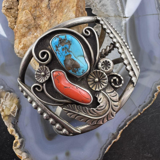 Vintage Navajo Native American Silver Turquoise & Coral Decorated Bracelet For Women