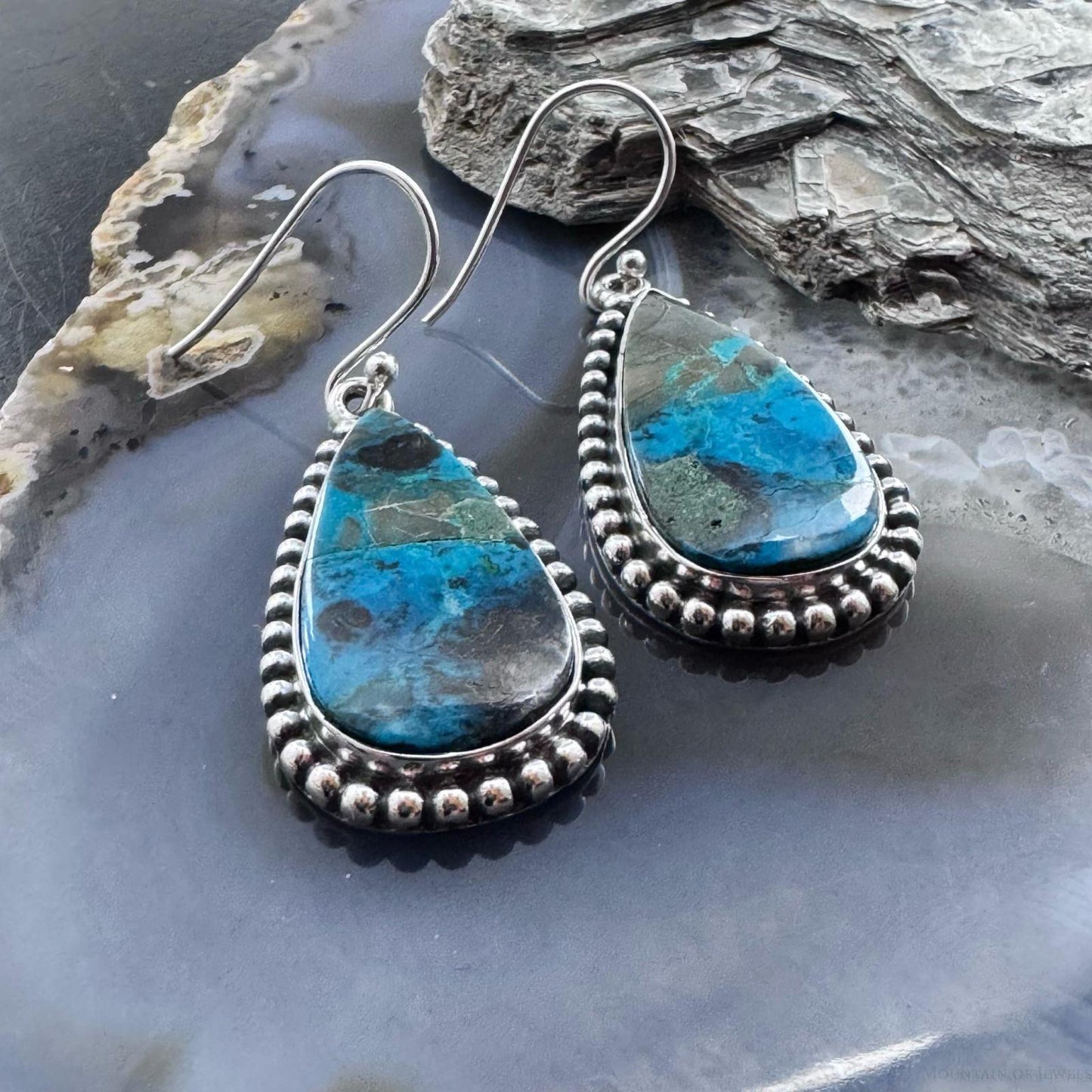 Sterling Silver Southwestern Style Teardrop Shattuckite Dangle Earrings For Women