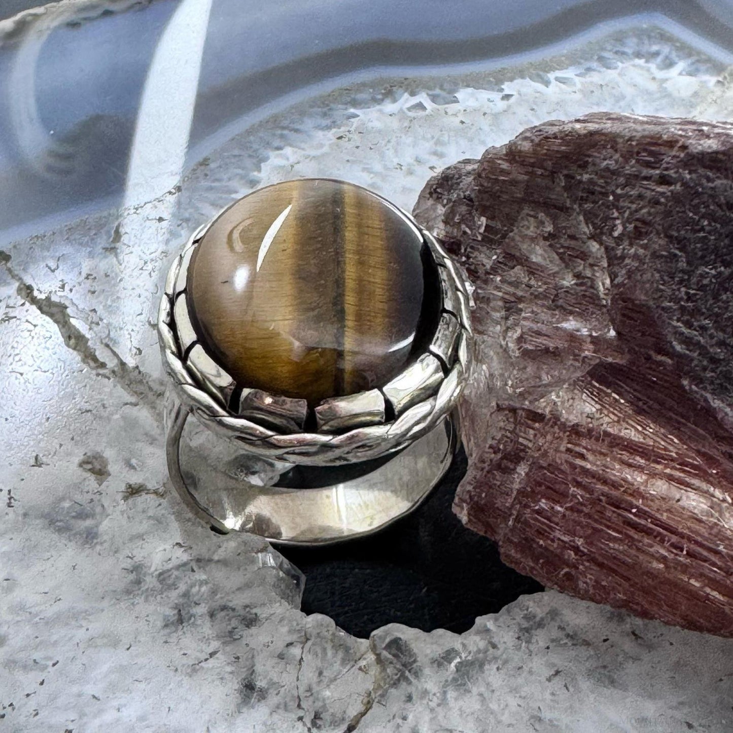 Sterling Silver Southwestern Oval Tiger's Eye Decorated Ring Size 9.5 For Women