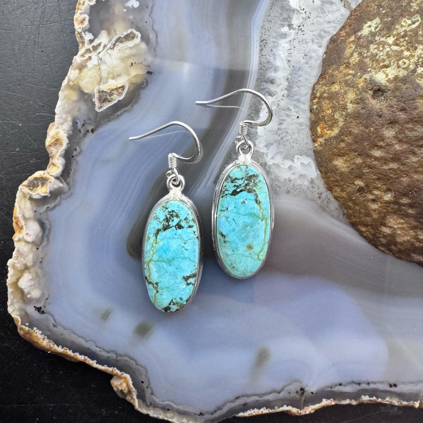 Sterling Silver Southwestern Style Oval Turquoise Dangle Earrings For Women