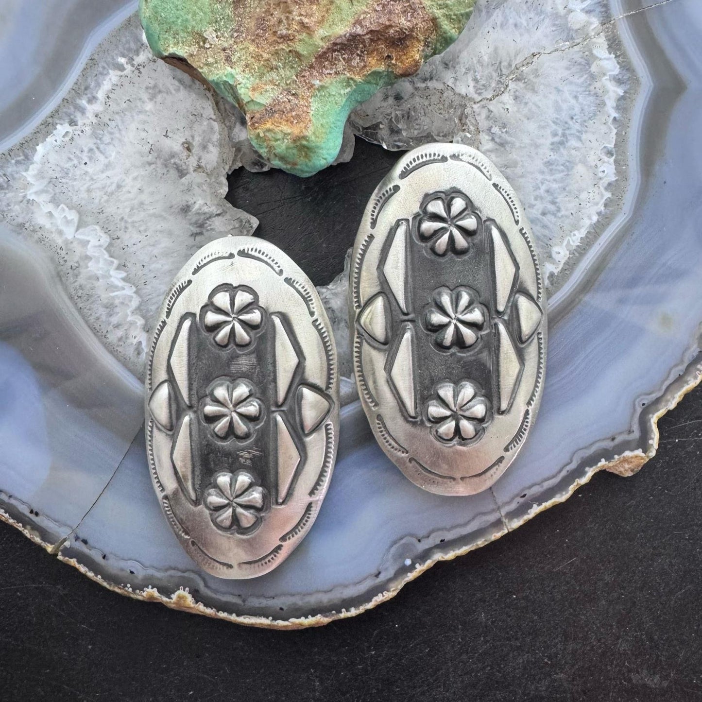 Leander Tahe Native American Sterling Silver Large Oval Repousse Post Earrings For Women