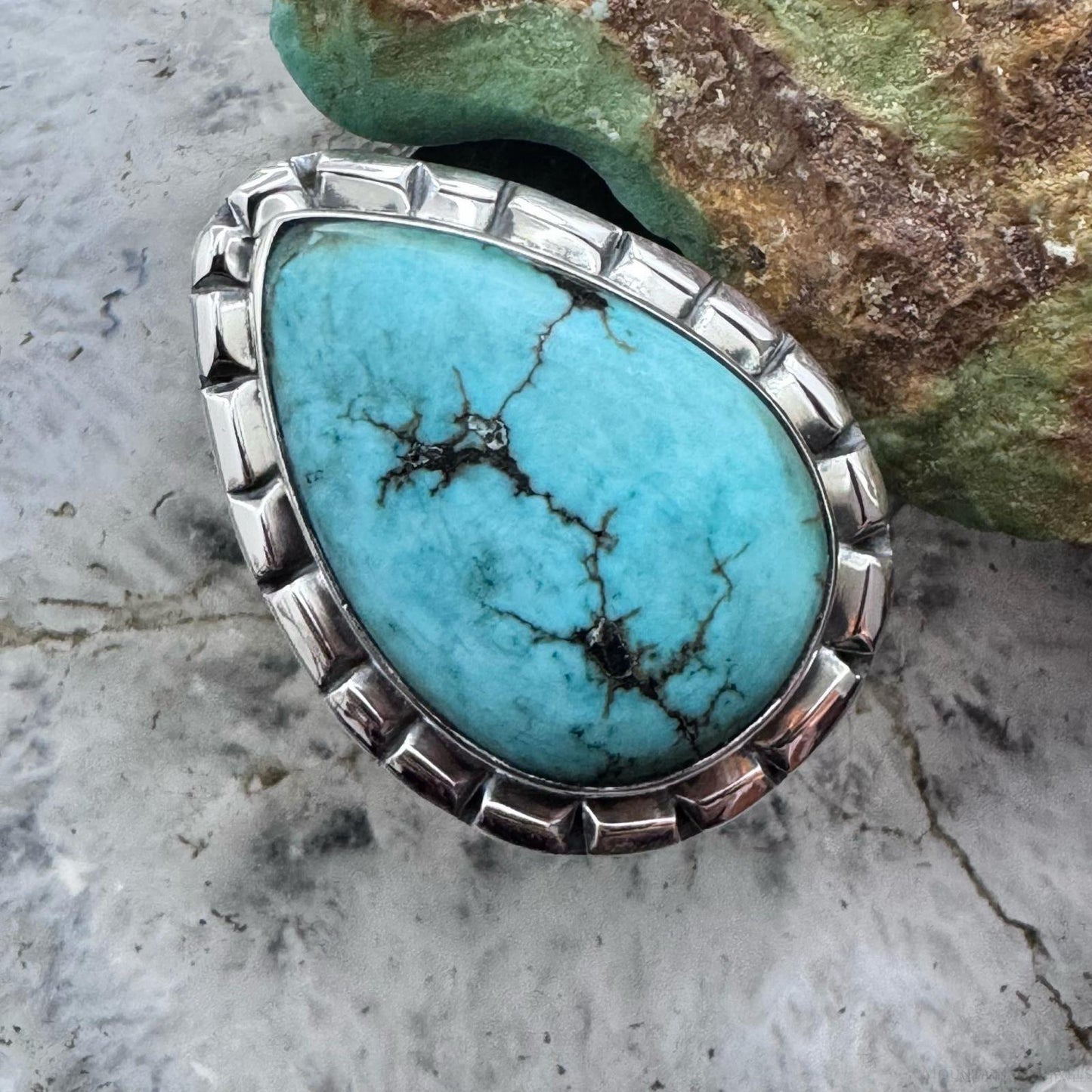 Sterling Silver Southwestern Style Teardrop Tibetan Turquoise Ring Size 7.75 For Women