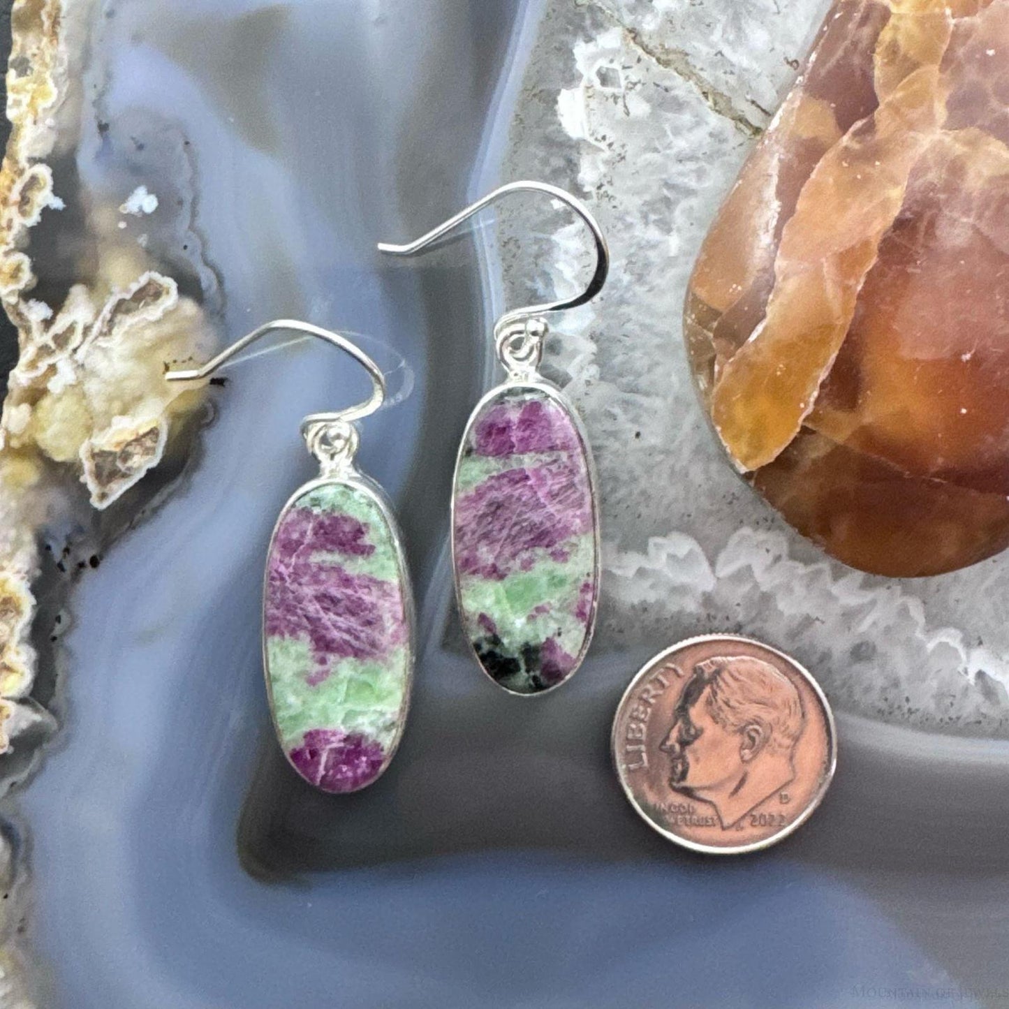 Sterling Silver Southwestern Style Oval Ruby Zoisite Dangle Earrings For Women