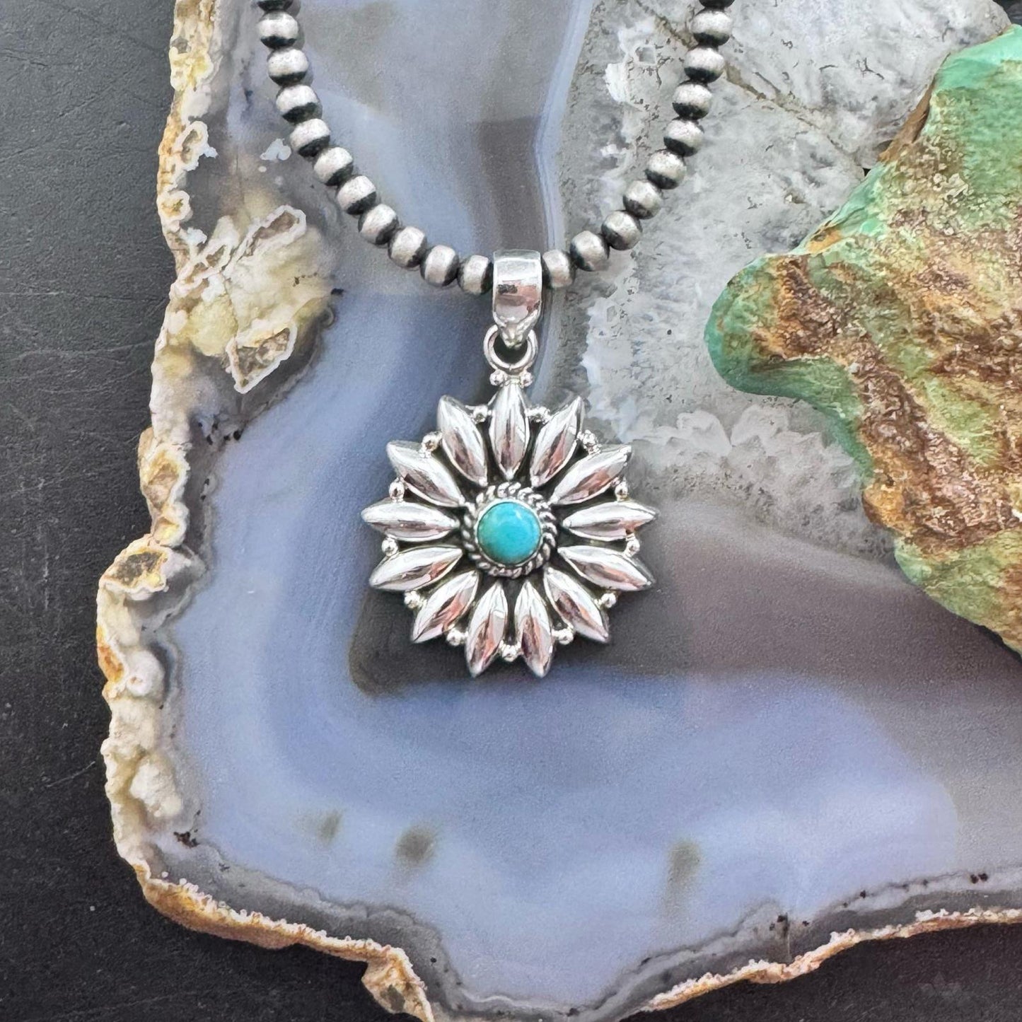 Sterling Silver Southwestern Style Rounded Turquoise Pendant Cluster For Women