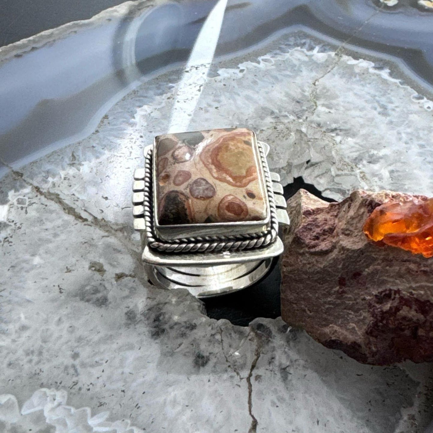 Sterling Silver Southwestern Style Mookaite Coral Decorated Bar Ring Size 8 For Women