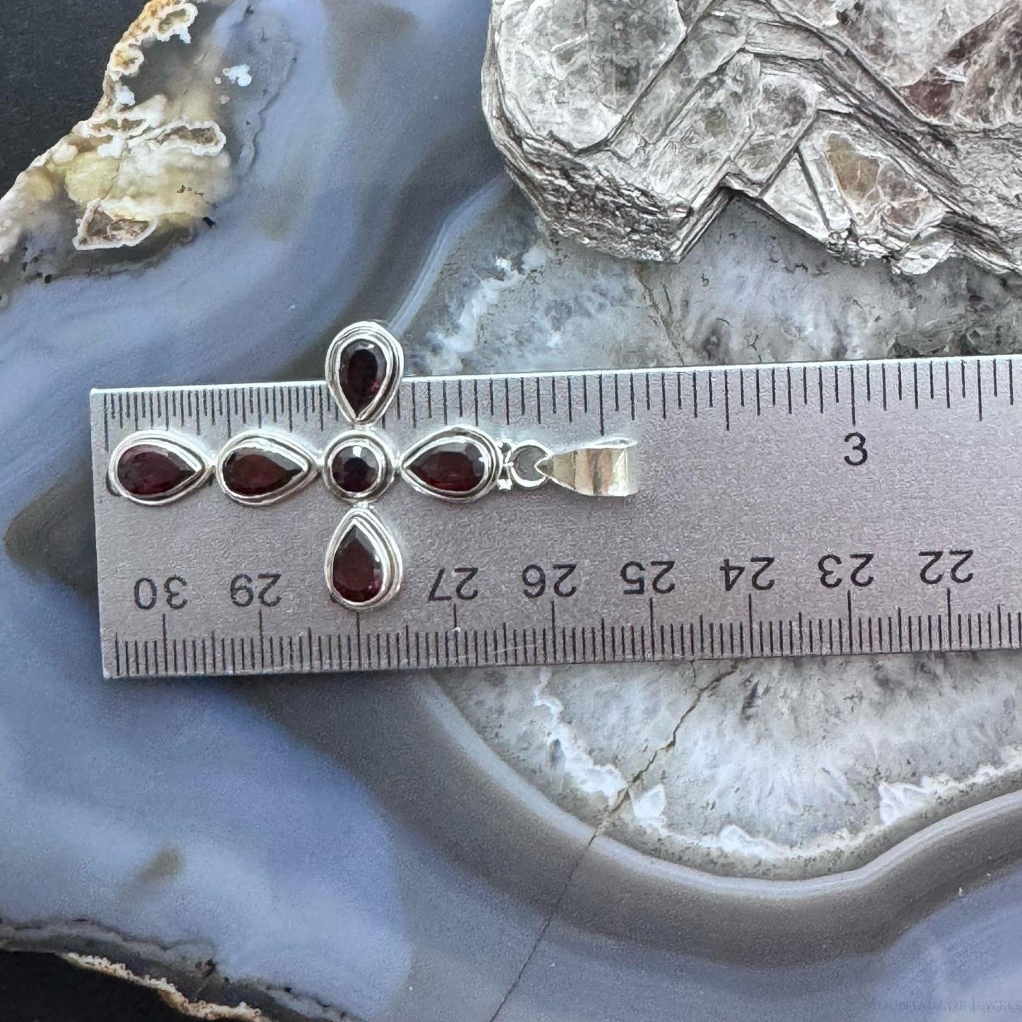 Sterling Silver Southwestern Style Garnet Decorated Cross Pendant For Women